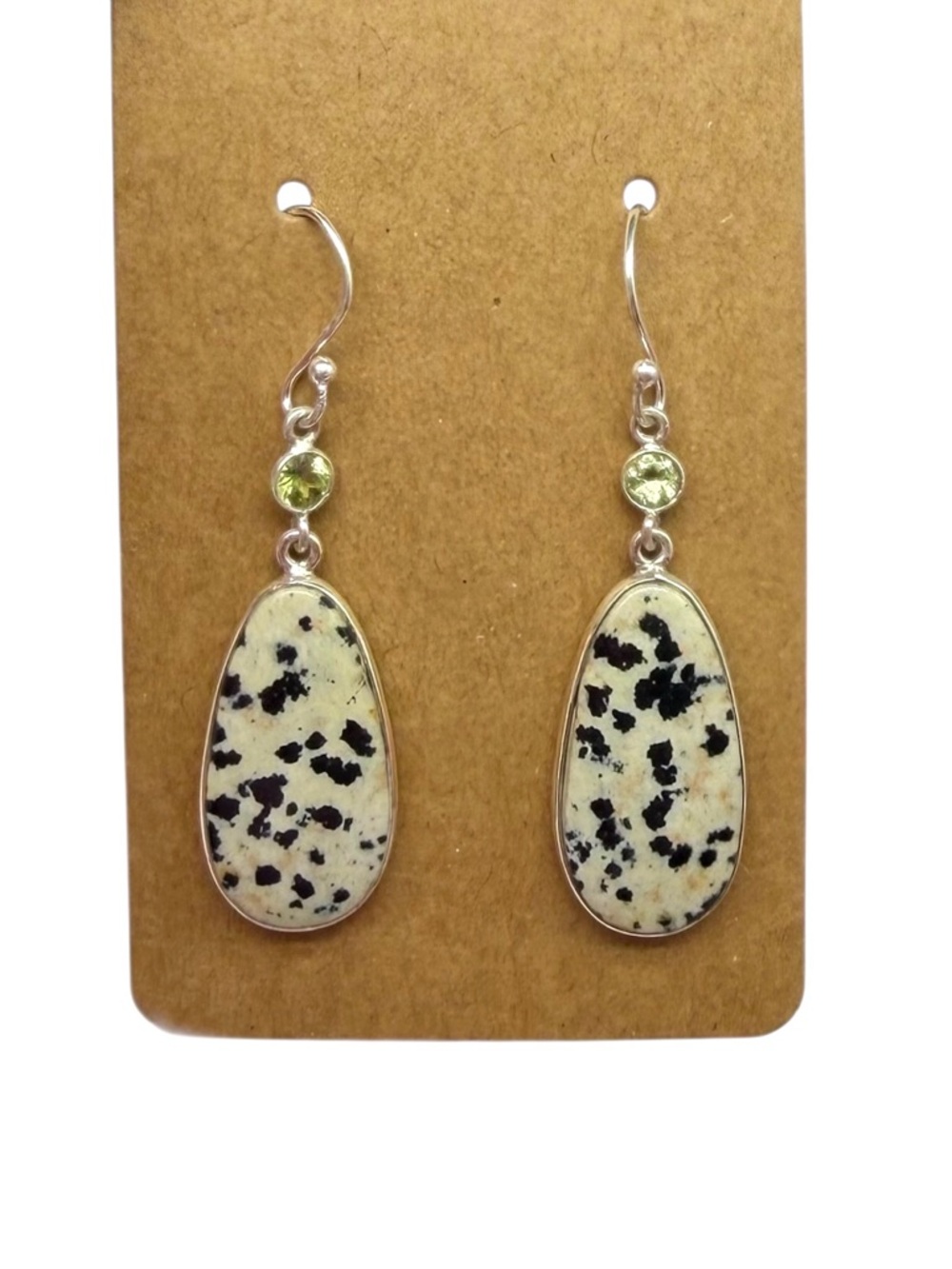 Dalmatian Jasper Peridot Earrings Solid 925 Sterling Silver - Picture 2 of 5